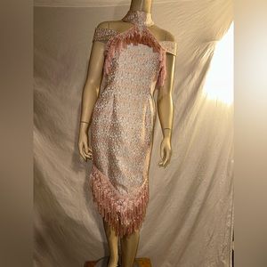 Pink and baby blue brocade dress with tassle trim